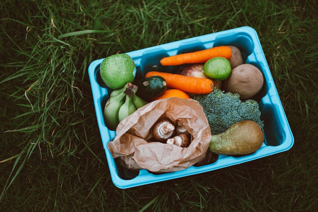 Vegetables in a blue basket