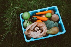 Vegetables in a blue basket
