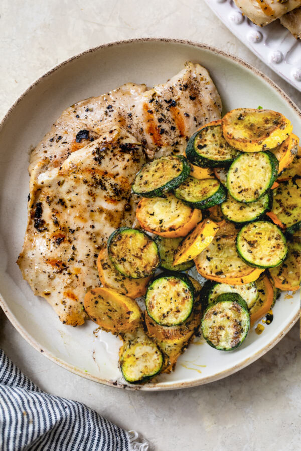 A plate of food with chicken and zucchini.