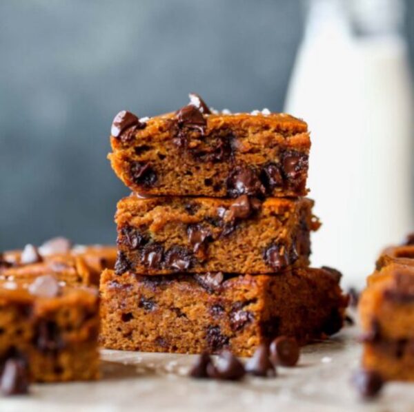 A stack of three chocolate chip pumpkin bars.